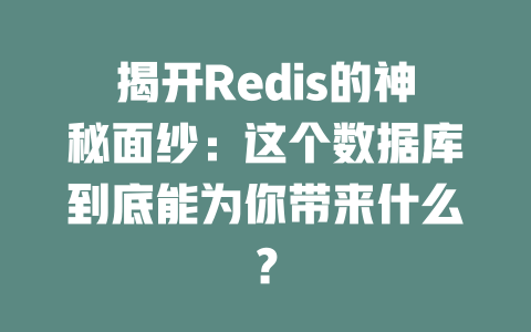 揭开Redis的神秘面纱:这个数据库到底能为你带来什么? 一